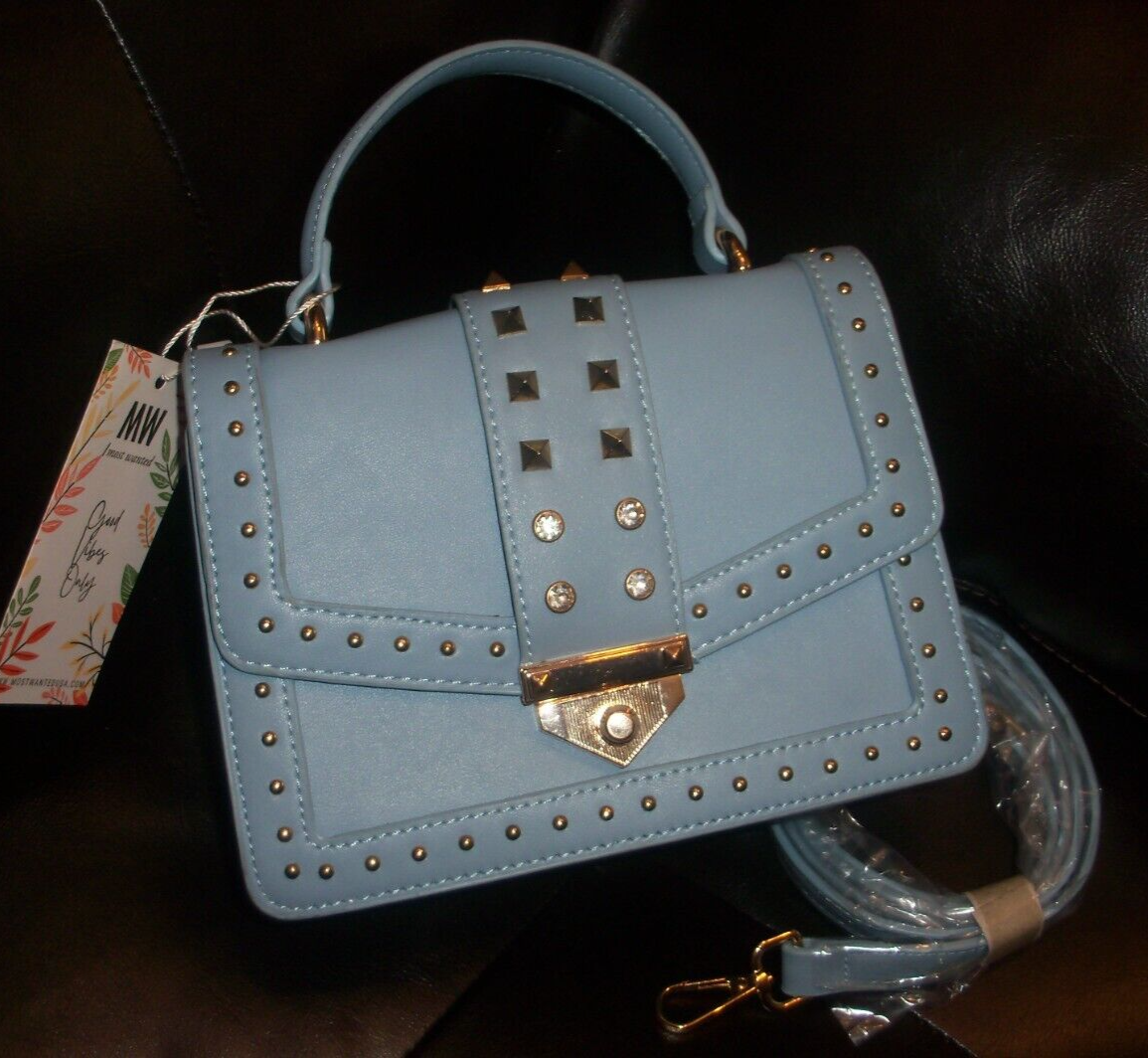 Primary image for NWT MOST WANTED USA  Sky Blue Cross Body Bag-Studded-Rhinestone - VEGAN LEATHER