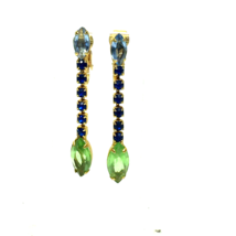 Vintage Rhinestone Statement Long Clip Drop  Earrings Navette Blue and G... - £14.12 GBP