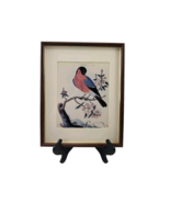 1990&#39;s Bullfinch Eurasian Bird on Tree w Pink Flowers Print Framed - $30.44