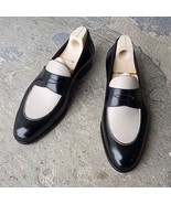 Two Tone Black White Penny Loafer Slip On Real Leather Spectator Shoes U... - £110.19 GBP