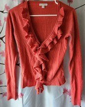 Women&#39;s New York &amp; Company Coral Ruffle Button Up Vneck Cardigan Sweater... - £31.46 GBP