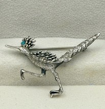 Vintage Tortolani Roadrunner Bird Brooch Silver Tone Turquoise Color Eye... - $368.38 MXN