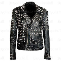 New Women&#39;s Brando Style Punk Full Silver Studded Cowhide Leather Jacket-426 - £223.29 GBP
