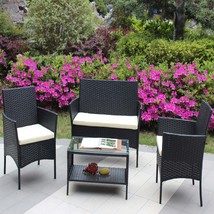 4PC Rattan Outdoor Patio Furniture Set Wicker Sofa with Beige Cushions - €190,04 EUR