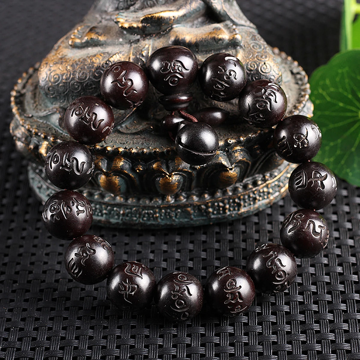 Natural Black Wood Tibetan Six Characters Mantra Bracelets Buddhist Praye - £12.37 GBP+