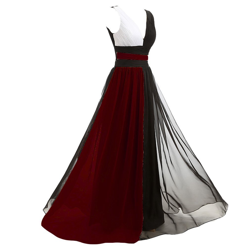 Kivary V Neck Long Black and White Chiffon Pleats Simple Prom Evening Dresses Bu