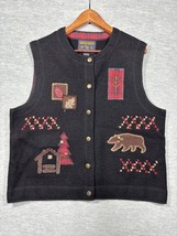 Woolrich Womens 100% Wool Vest L Black Cabin Patchwork Bear Tree Buttons... - $406.76 MXN