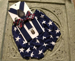 1st Birthday boy cake smash outfit bow tie suspenders 6m-24 mo navy blue star US - £11.01 GBP