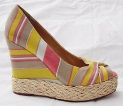 Report Goldie Wedge Platform Peep Toe Pumps Striped Multi-Color Fabric s... - $22.41