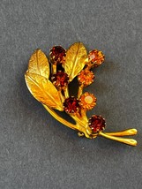 Vintage Amber &amp; Yellow Rhinestone Goldtone Leaves Bouquet Brooch Pin – - £10.45 GBP