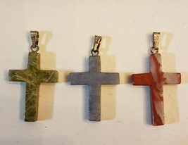 Stone Cross Religious Pendant Lot Of 3 Green Blue Red With Sterling Silver Bails - £15.83 GBP