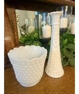 Vintage Fire-King Milk Glass Hobnail Planter &amp; Diamond Bud Vase Lot - $20.36