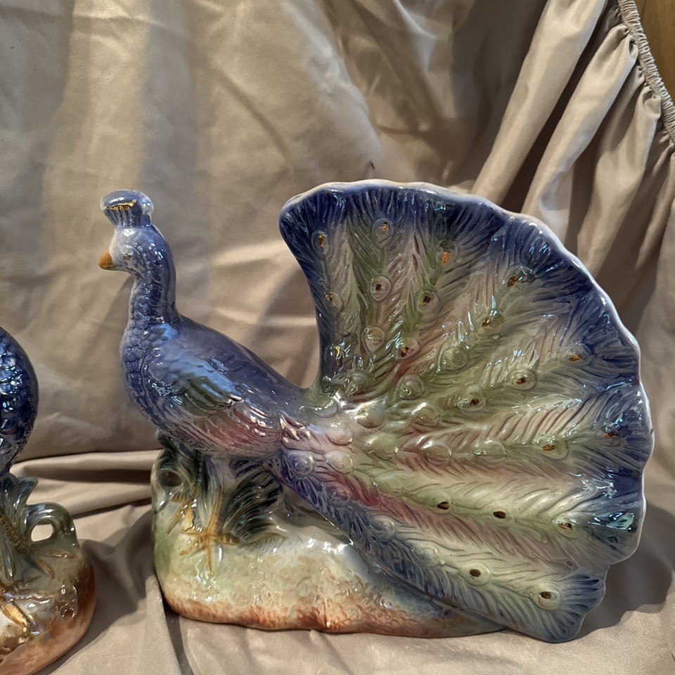 Vintage Ceramic Peacock Figurines Pair Iridescent Finish Bird Statues Decor Item image 3