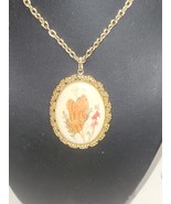 VINTAGE HAND PAINTED OVAL PORCELAIN BUTTERFLY &amp; FLOWERS PENDANT NECKLACE... - £20.59 GBP