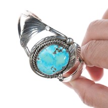 6.5&quot; Vintage Navajo Sterling and turquoise cuff bracelet with Leaf design - £139.34 GBP