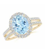 ANGARA Oval Aquamarine Split Shank Halo Ring with Diamonds for Women in ... - £2,255.74 GBP
