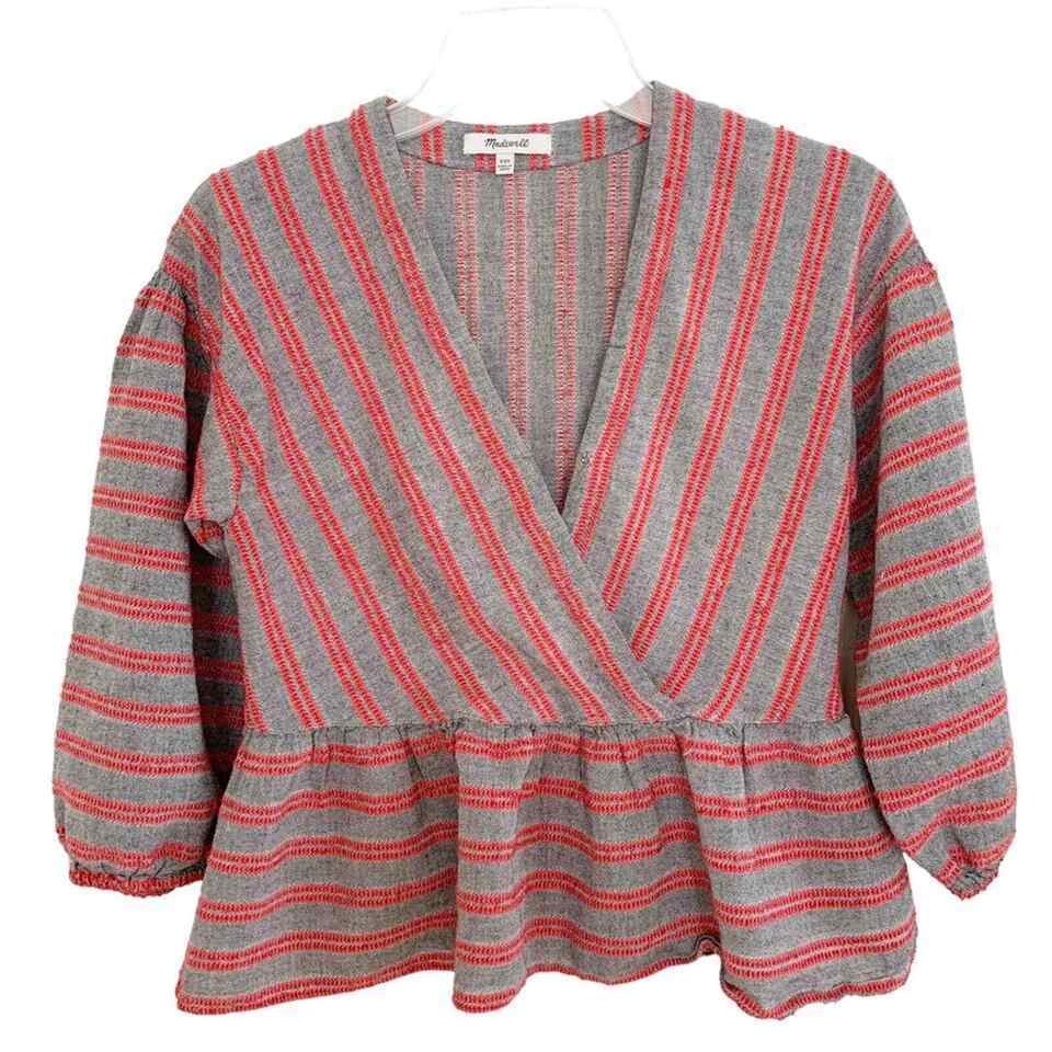 Primary image for Madewell Grey with Red Striped Bubble Sleeve Peplum Top