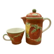 April Cornell Ceramic Individual Tea Pot &amp; Cup Fruit Apples VIntage - $24.74