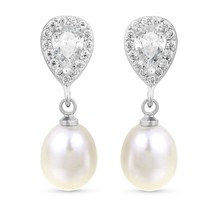 Elegant Shimmer Cubic Zirconia and White Pearls Sterling Silver Post Ear... - £15.56 GBP