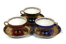 Bavaria Porcelain Red Blue Gold Set of 3 Footed Demitasse Espresso Cup &amp;... - $49.49