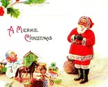 A Merrie Christmas Red Santa Toys Holly 1910s Vtg Embossed Postcard UNP T19 - $5.89