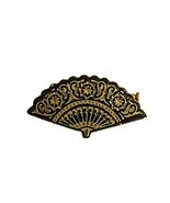 Vintage Gold Tone Fan Brooch Black Enamel Filigree Floral Folding Fan Pin - $14.40