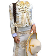 Beige Gold Girls &amp; Toddlers Mariachi Charro Outfit Mexico Folklorico Fie... - £67.26 GBP+