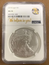 2018 American Silver Eagle- NGC- MS70- 7K Label- We Believe In You- Spot... - $74.80