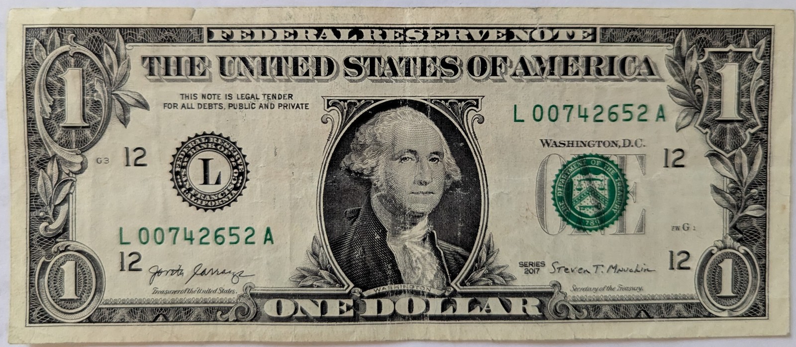 US$1 Fancy Serial Number 2017 James Bond 007: 00742652 - $2.95