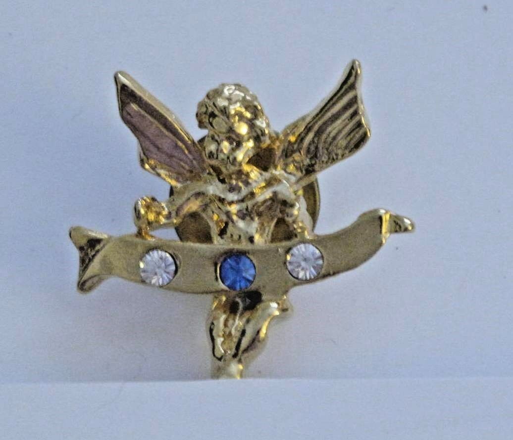 Angel Holding Banner Pin with Clear and Blue Rhinestones - $2.06