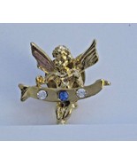 Angel Holding Banner Pin with Clear and Blue Rhinestones - $2.81 CAD