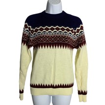 Vintage 90s Fair Isle Ski Sweater S Cream Knit Pullover Crewnwck Long Sl... - $41.87