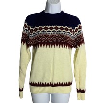 Vintage 90s Fair Isle Ski Sweater S Cream Knit Pullover Crewnwck Long Sl... - £32.39 GBP