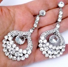 Drag Queen Clear on Silver Chandelier Earrings Rhinestone Crystal Bridal Prom Pa - $41.58