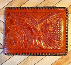 Vintage Embossed Brown Leather Wallet Hand Tooled Bi-Fold Eagle n Floral Design - £22.00 GBP