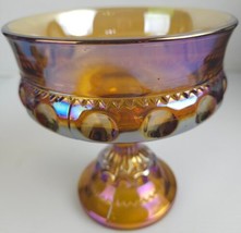 Carnival Glass Pedestal Compote Iridescent Amber Crown Dot Candy Dish Pr... - £10.38 GBP