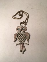 Vintage Articulate Owl Pendant Necklace Cream Enamel with Green  Eyes - £11.91 GBP