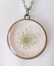 NEW Dried Pressed Flower Finely Made Glass Pendant, Necklace Brass Chain, Frame - $12.86