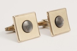 Vintage Gold Tone Metal Square Cuff Links Round Gray Mother of Pearl Centers - £5.77 GBP