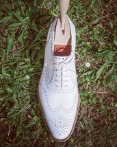 Oxford Style White Color Brogue Wing Tip  Lace Up Closer Men Leather Shoes - £127.49 GBP