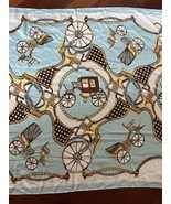 Silk Scarf Regal Horse Carriage Oversized Rectangle Blue Gold White 70x34 - $27.71