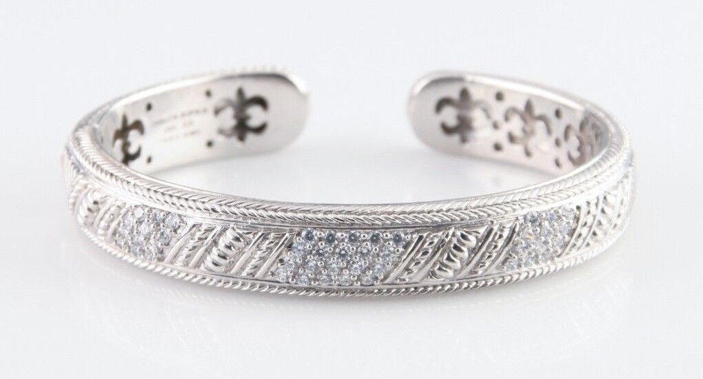 Judith Ripka Sterling Silver Hinged Cuff Bracelet Cubic Zirconia Great Condition - $360.51