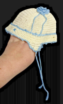 1940s Baby Crochet Cap Hat White Blue Floral Top Vintage Knit Winter Handmade - £22.10 GBP