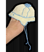 1940s Baby Crochet Cap Hat White Blue Floral Top Vintage Knit Winter Han... - $27.83
