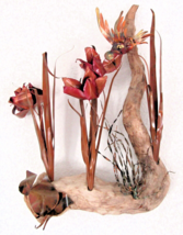 Vintage Torch Cut Brutalist Copper Flowers and Bird on Driftwood Wall Sculpture  - £54.60 GBP