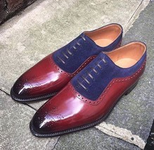 NEW Handmade men two tone shoes, men burgundy and navy blue shoes, dress shoes m - £115.09 GBP