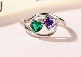 2Ct Heart Cut Green Emerald/Amethyst Two Stone Engagement Ring 14K White Gold FN - £88.60 GBP