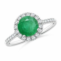 ANGARA Round Emerald Halo Ring with Diamond Accents for Women in 14K Solid Gold - £1,186.79 GBP