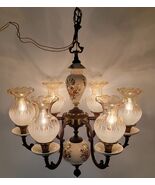 *B) Vintage 6 Arm Porcelain Floral Glass Shade Hanging Light Chandelier - $4,565.48 MXN