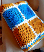 Hand Crocheted Blanket Grandma Core Square Large 93&quot;x113&quot; Afghan Gold Blue Vtg. - £77.05 GBP
